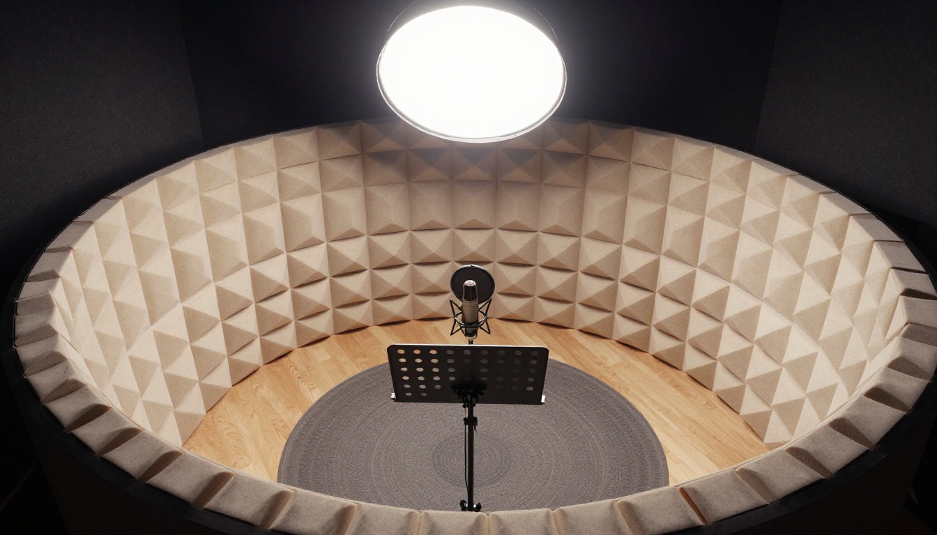 Aerial bird's-eye view looking down into a circular vocal recording booth with concentric acoustic foam panels