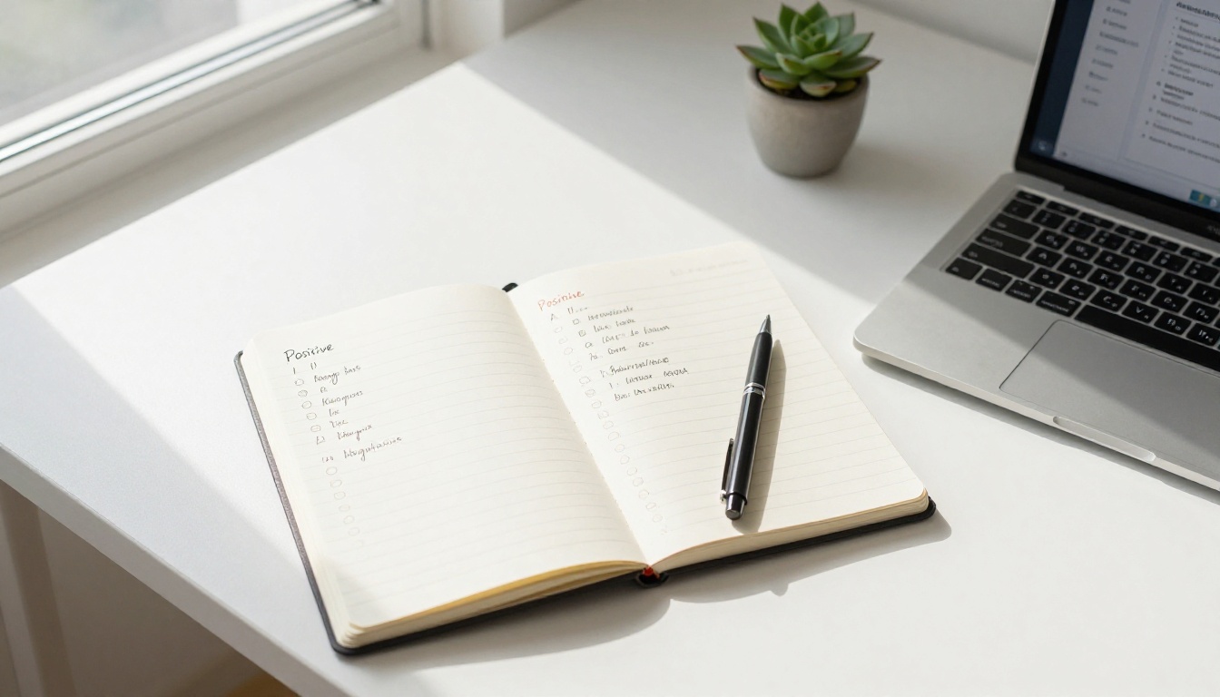 Overhead view of a minimalist workspace with an open notebook listing positive and negative prompt terms