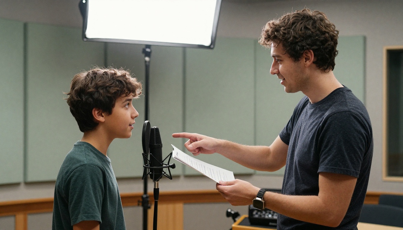 Voice coach pointing to a phrase in a script while a student speaks into a condenser microphone in a recording studio