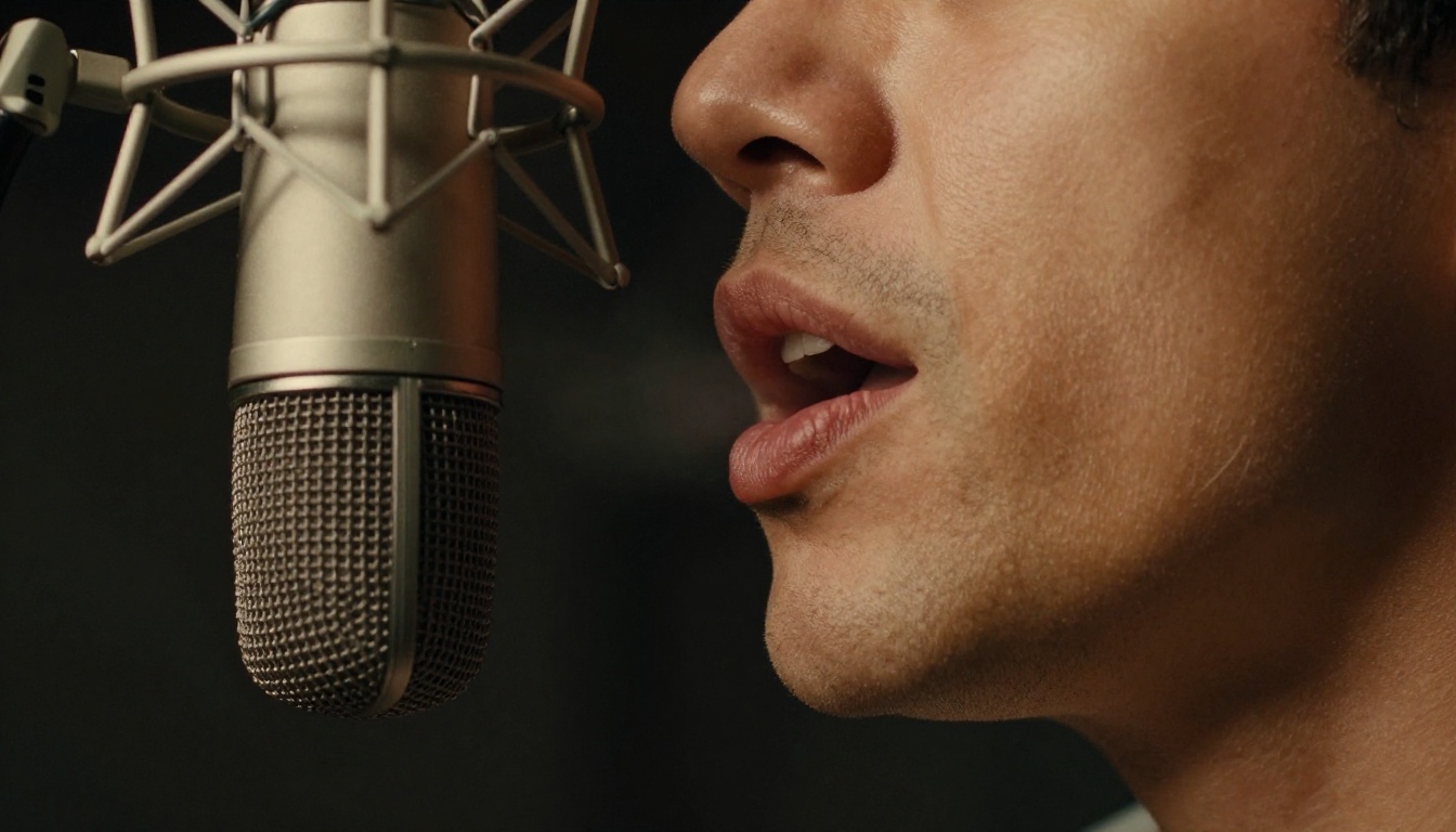 Dramatic low-angle close-up of a man speaking clearly into a large condenser microphone with warm amber studio light