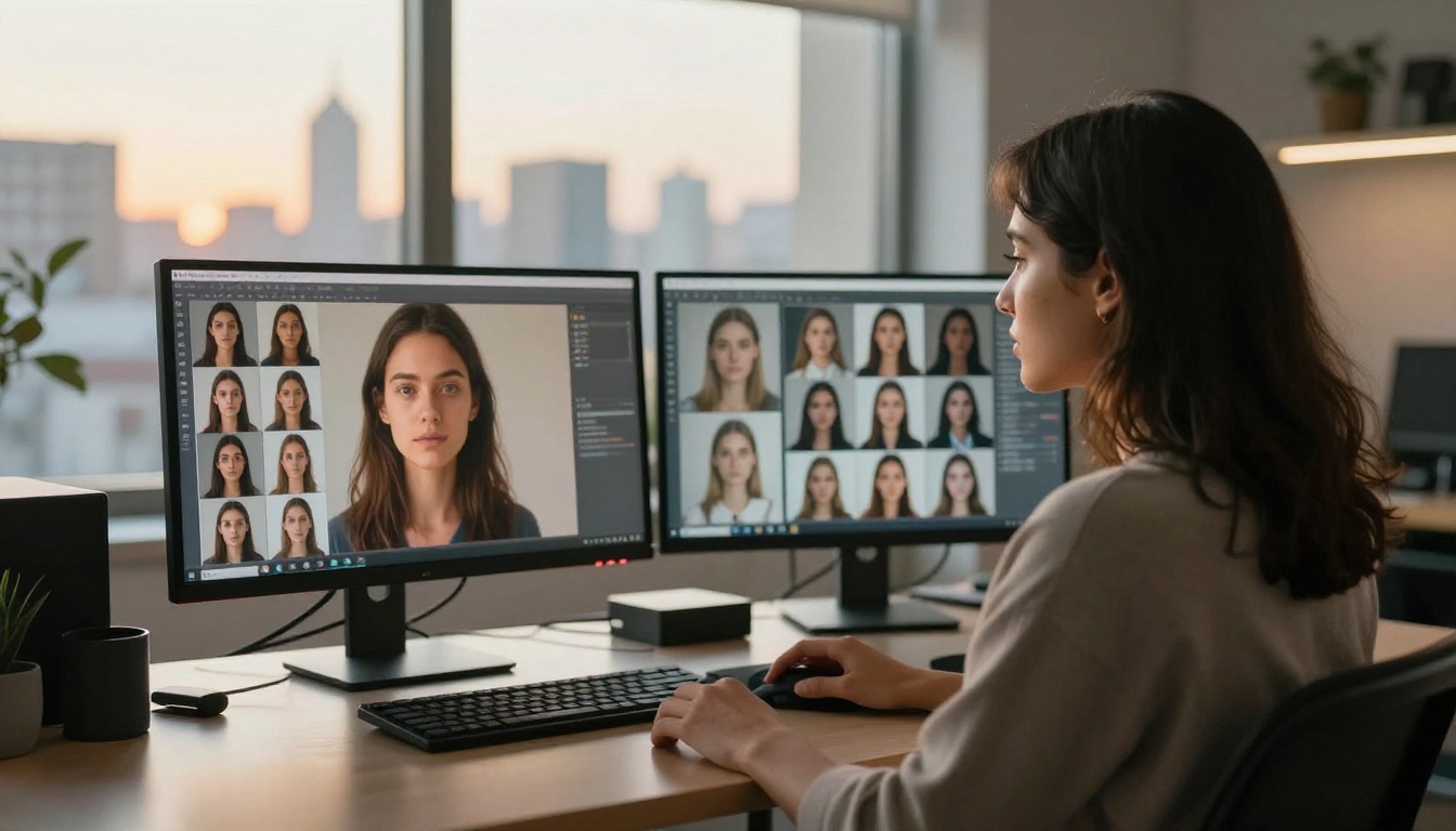 Woman with dark hair at dual monitors comparing AI-generated portrait results in a bright studio