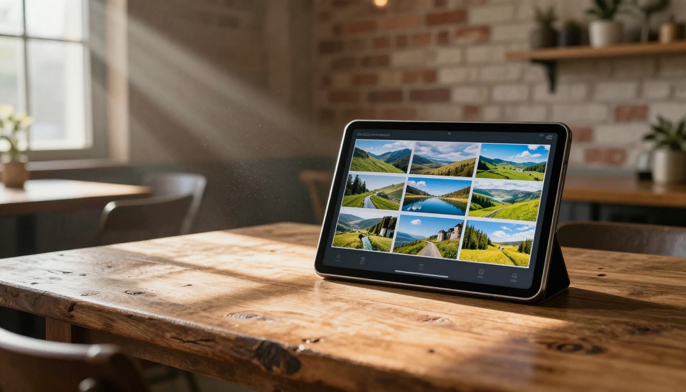 Creative director reviewing a tablet showing a grid of AI-generated landscape photos at a sunlit cafe