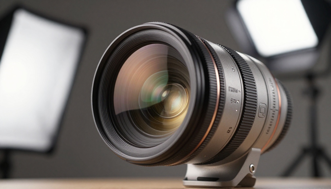 Close-up low-angle shot of a professional camera lens showing precise internal glass elements