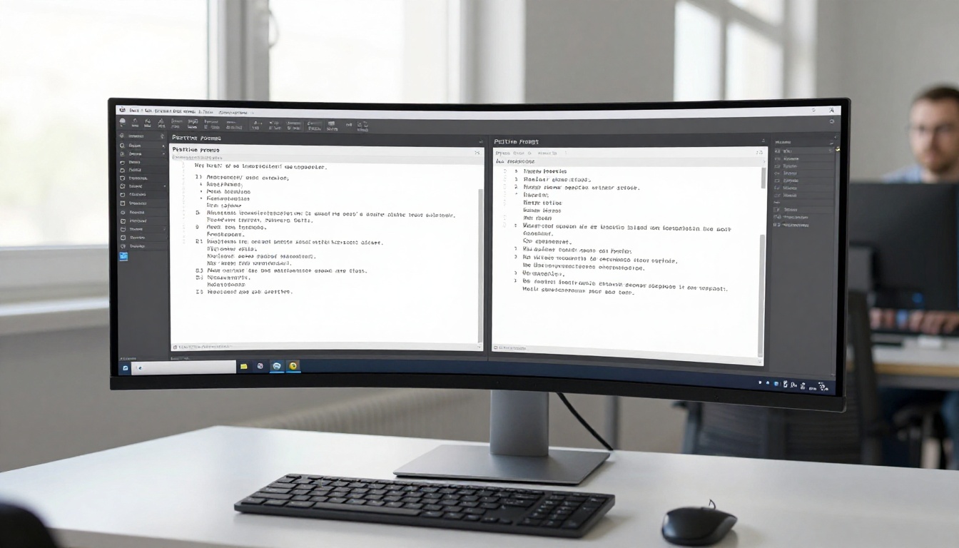 Man at a standing workstation reviewing an AI prompt editor split into positive and negative panels