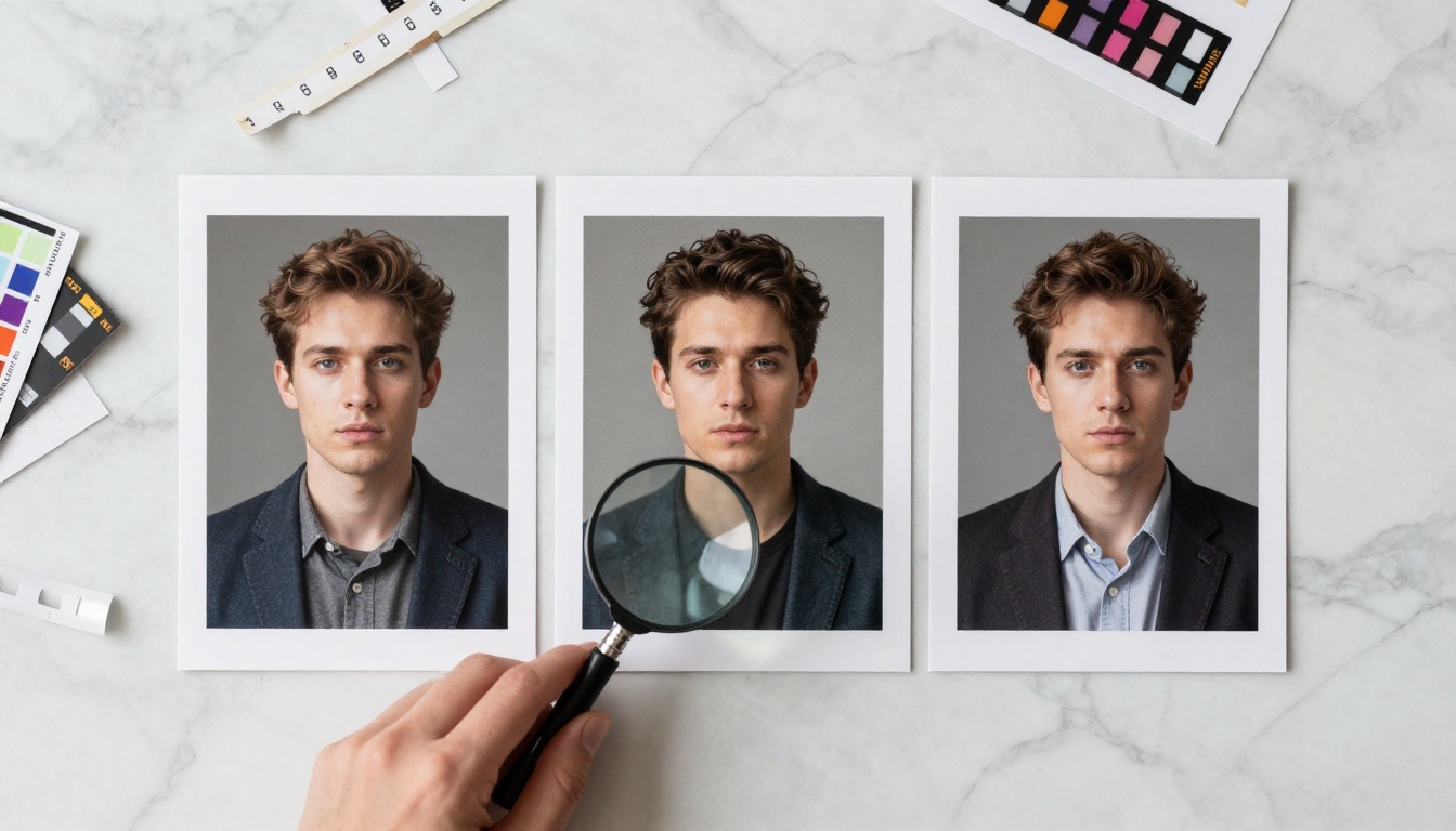 Aerial view of three printed photos on white marble showing AI image quality progression