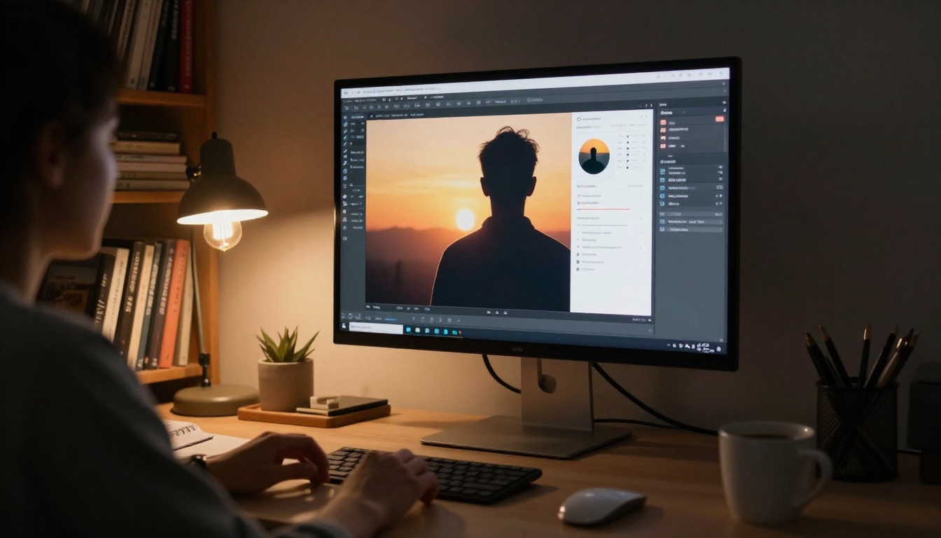 Cozy home office at dusk with AI generation interface glowing on a monitor