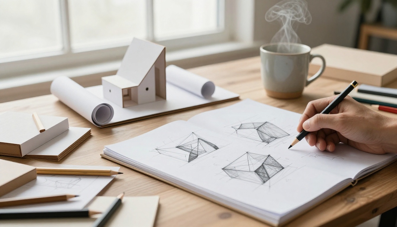 Designer worktable with architectural study models and blueprints