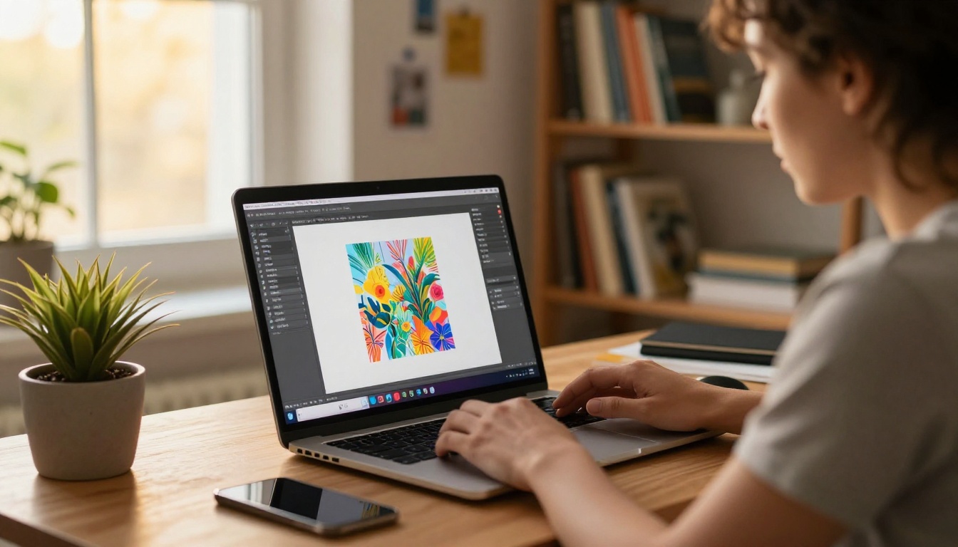 Over-the-shoulder view of creative professional at laptop