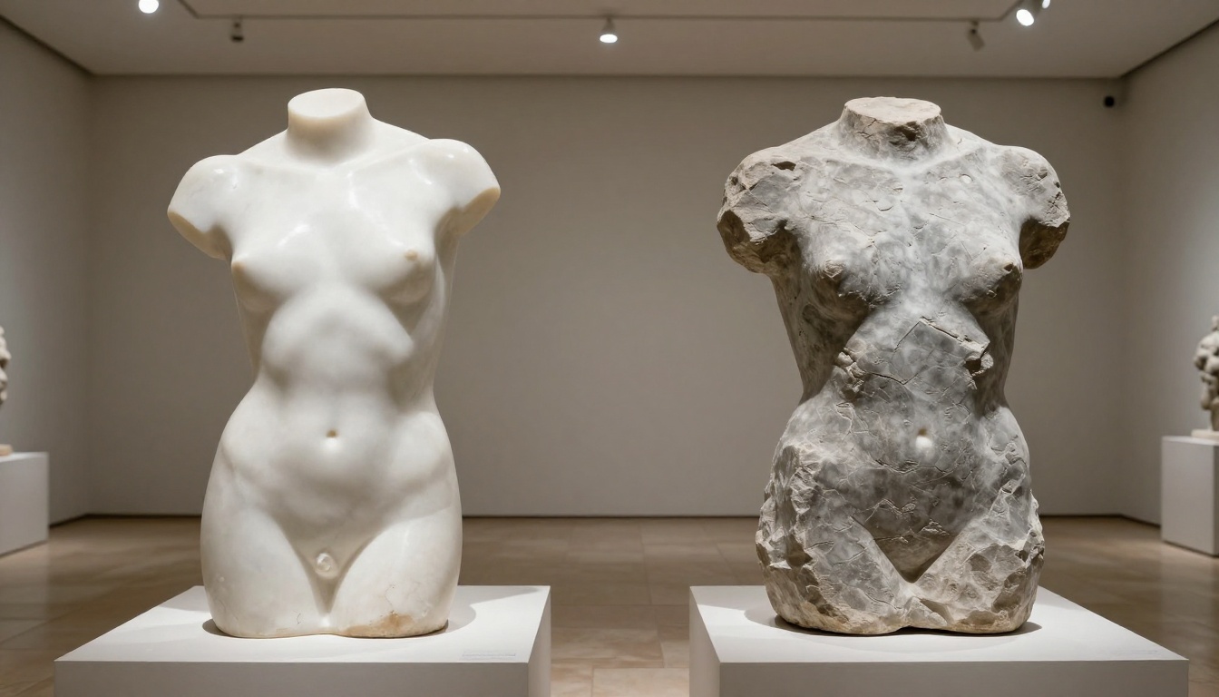 Gallery display of marble sculptures in museum space