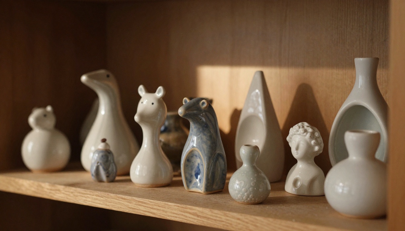 Warm-lit wooden shelf with ceramic figurines