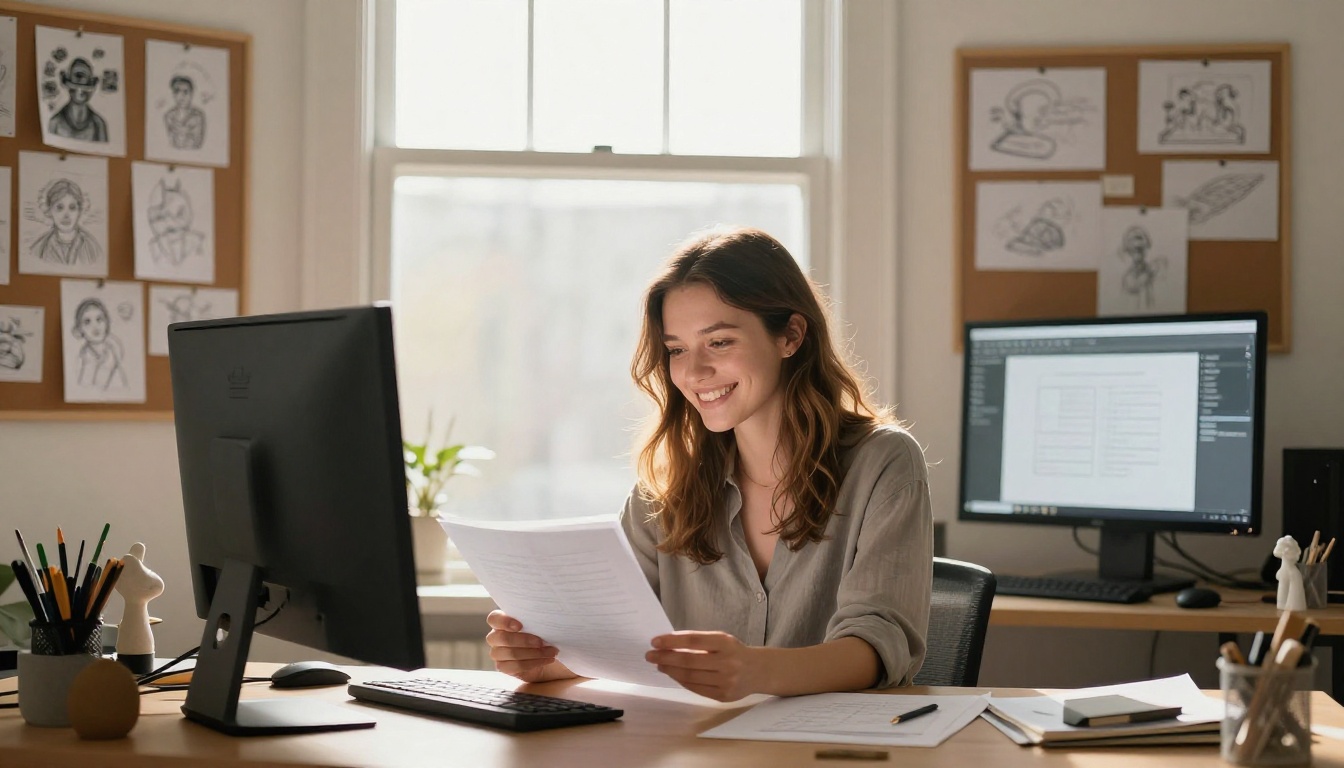 Young woman reviewing creative work on monitor