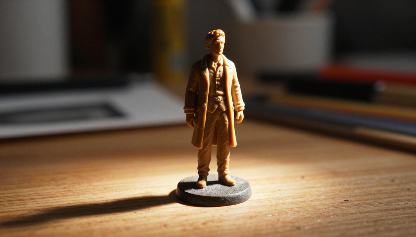 Low-angle close-up of detailed resin miniature figurine