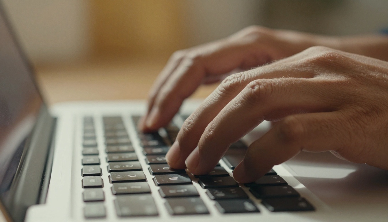 Close-up of hands typing on a laptop keyboard in warm ambient light