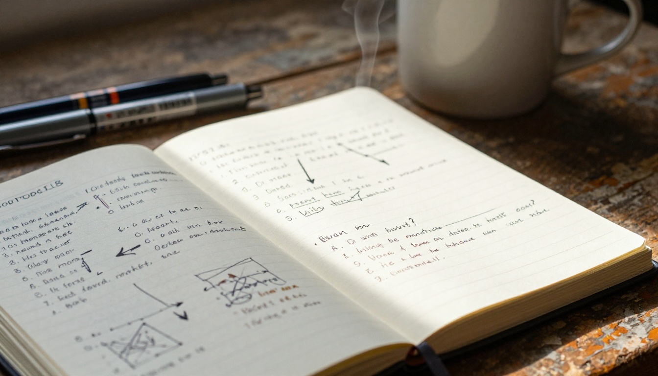 Open notebook with handwritten prompt notes and annotations in raking morning light