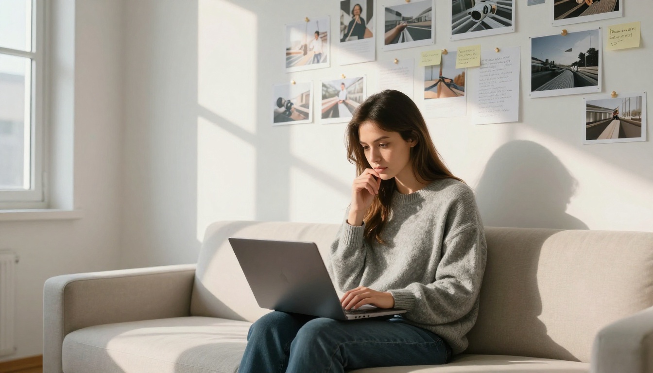 Young woman studying a laptop with a mood board of reference images pinned on the wall behind her
