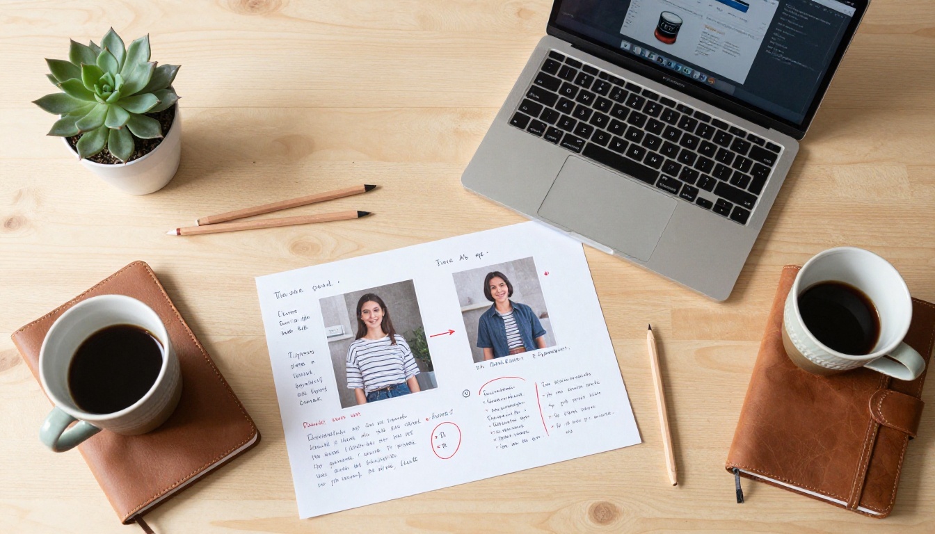 Overhead flat-lay of a creative workspace with laptop, printed image with critique notes, notebook, and coffee cup