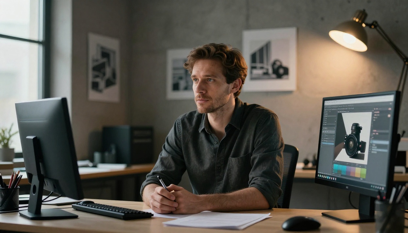 Thoughtful male designer studying two monitors in a warm-lit studio with concrete walls