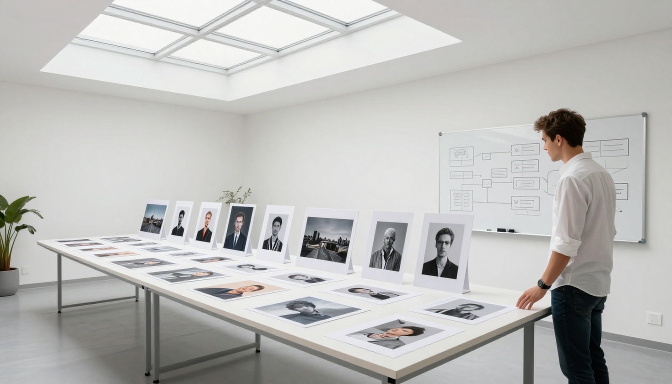 Wide studio interior with a long table of printed AI image outputs arranged in a visual progression