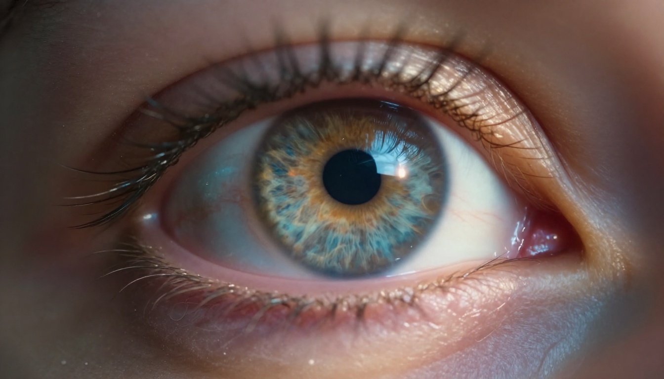 Macro close-up of a person's eye reflecting colorful AI image outputs on a laptop screen