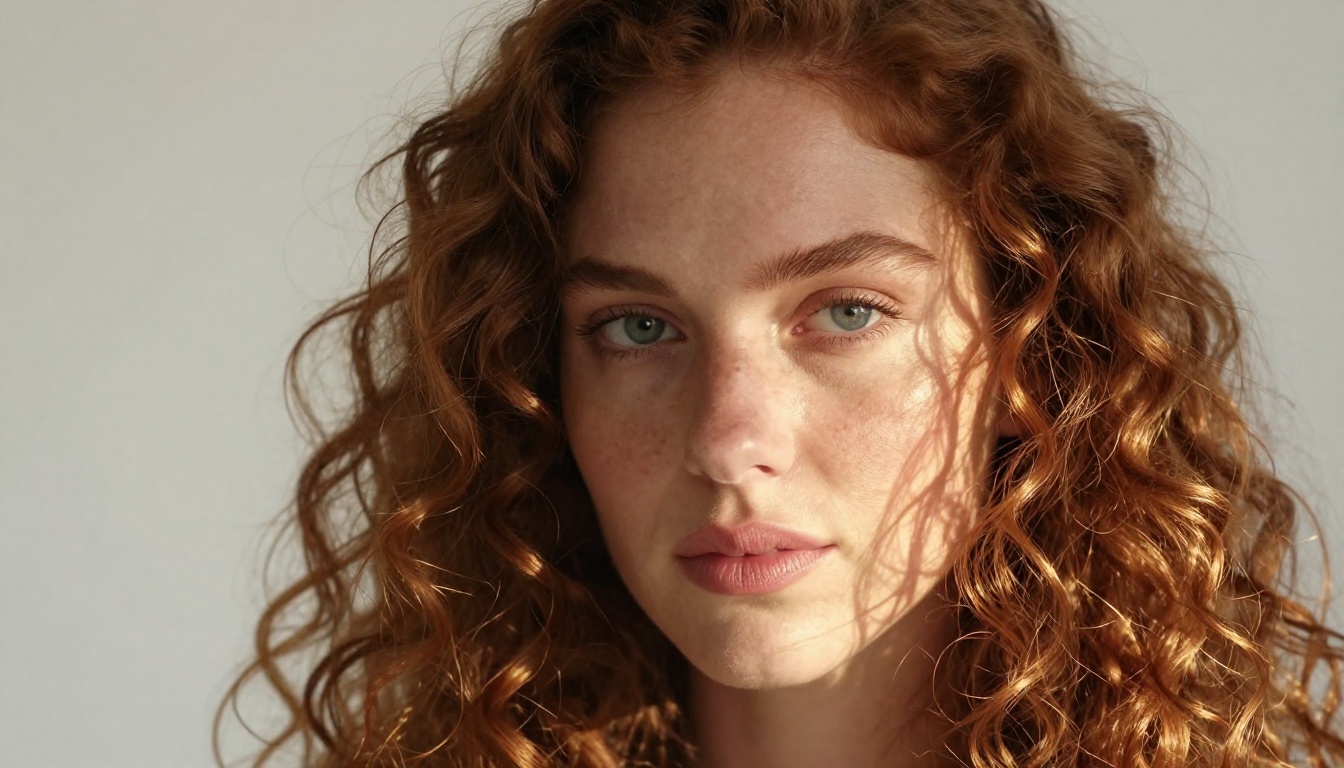 Close-up portrait with flowing auburn hair showing fine strand detail at the edges