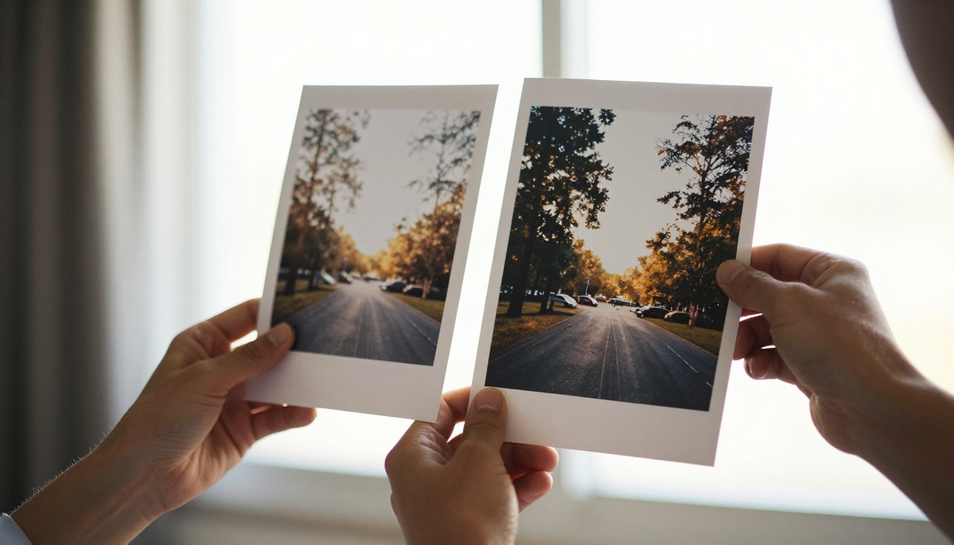 Low-angle shot of hands holding two printed photos against bright window light, one blurry and washed out, the other sharp and well-composed