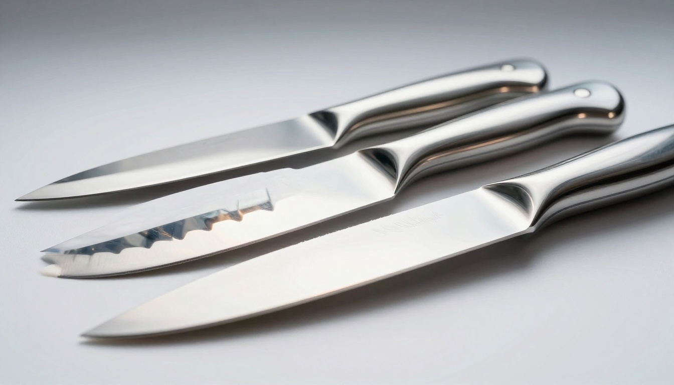 Stainless steel knives with highly polished reflective surfaces on white background