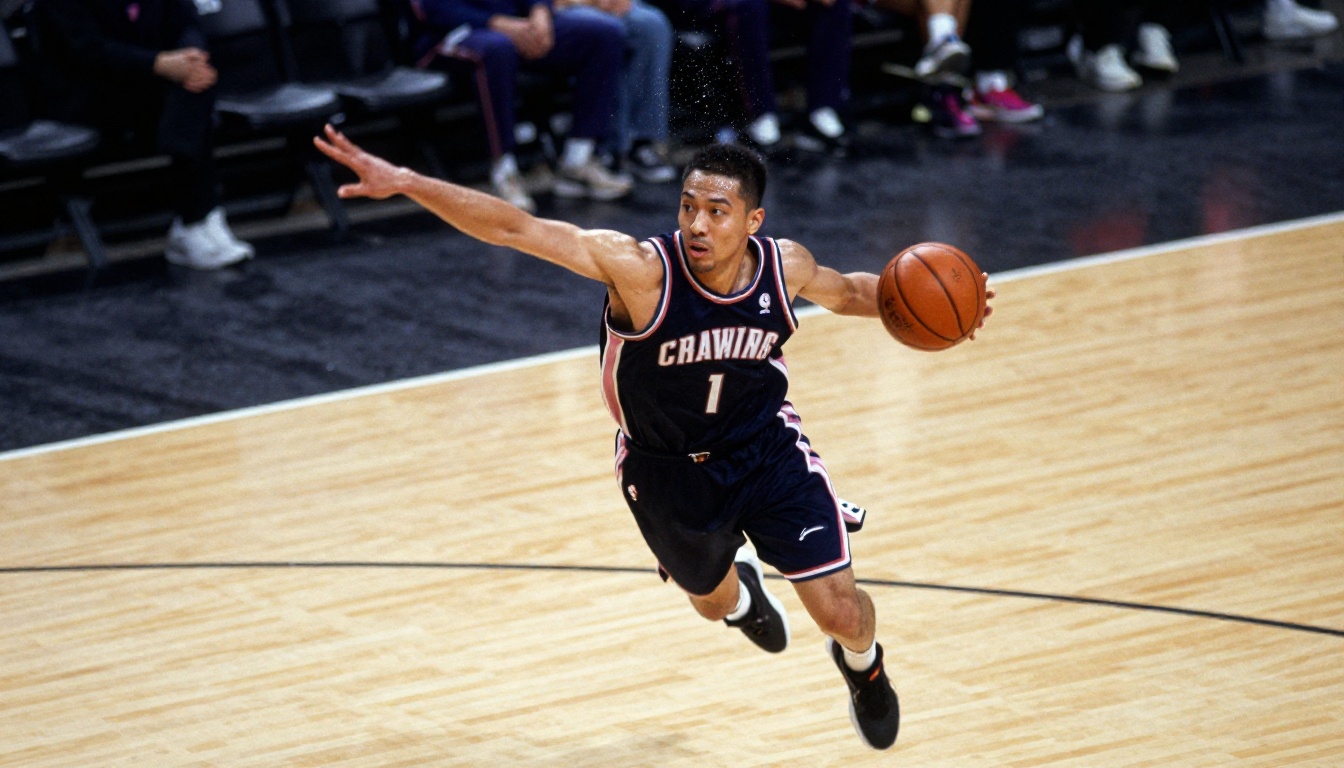 Basketball player mid-jump with motion blur on jersey edges creating complex segmentation boundary