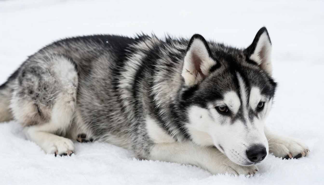 Siberian husky puppy with complex double-coat fur on a white background