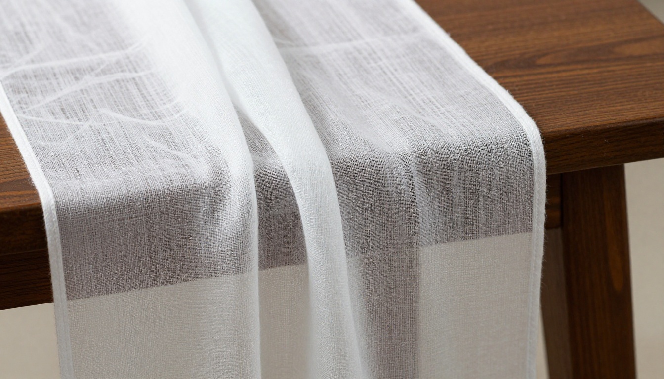 Semi-transparent chiffon fabric draped over a table edge showing delicate fiber strands
