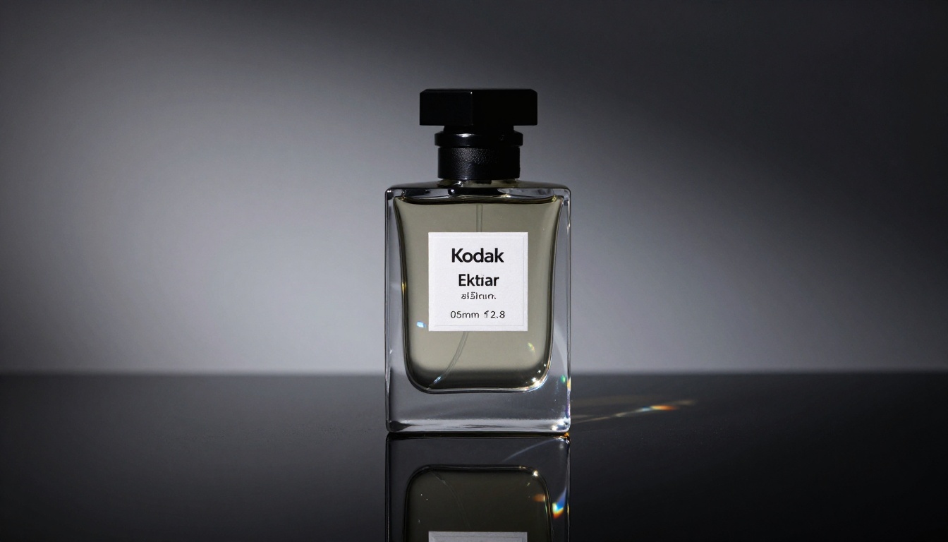 Frosted glass perfume bottle on a reflective black acrylic surface with caustic light patterns