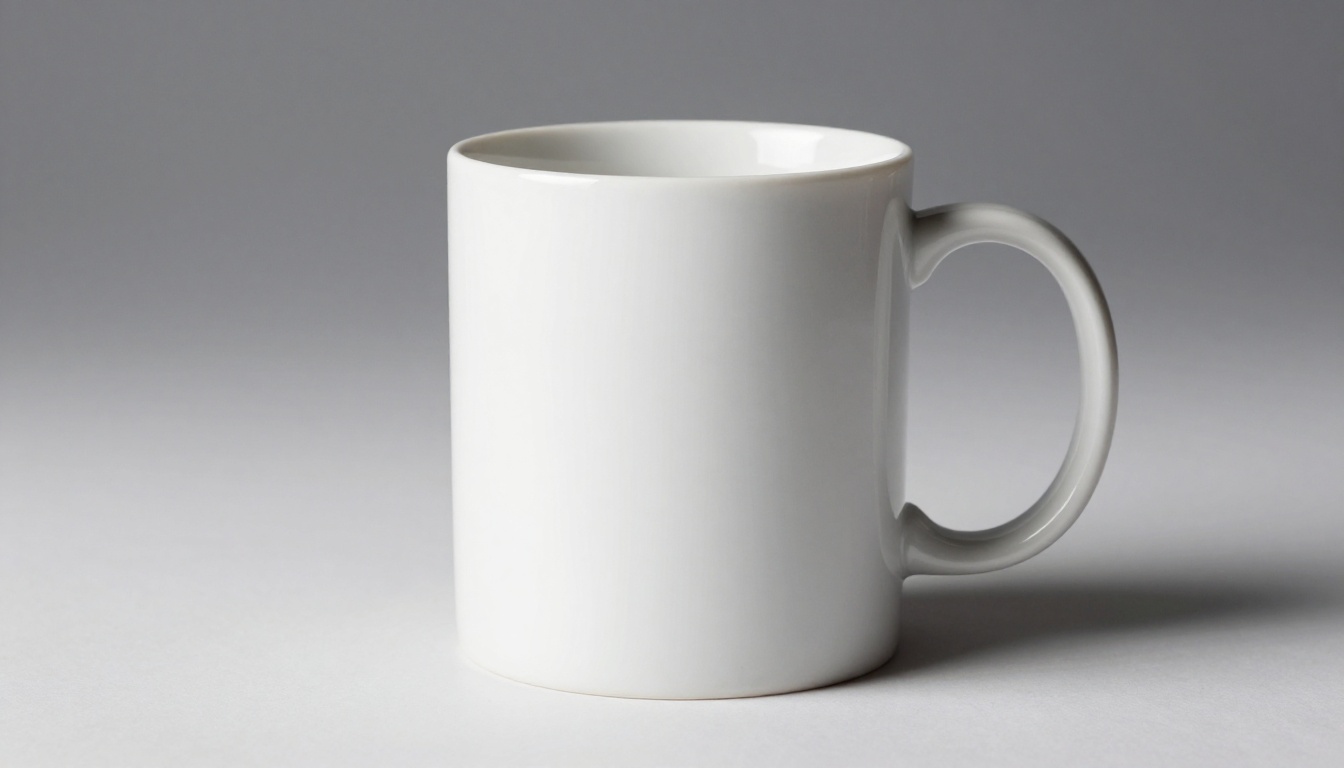 White ceramic mug against a white seamless backdrop demonstrating the same-color segmentation challenge