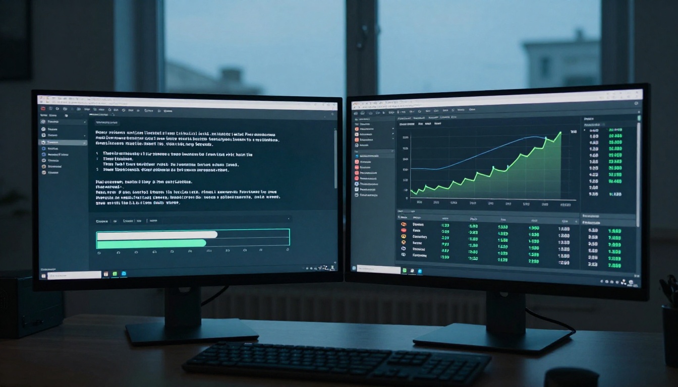Two monitors showing AI video tool interface and YouTube analytics Two monitors showing AI video tool interface and YouTube analytics