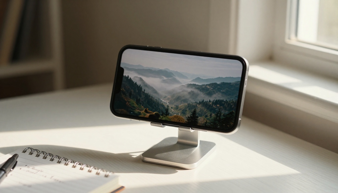 Smartphone displaying AI video footage on a desk with notebook Smartphone displaying AI video footage on a desk with notebook