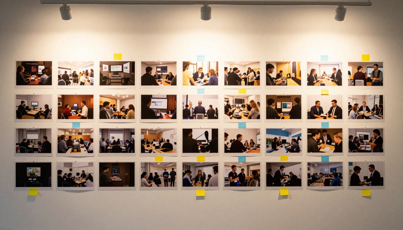 Storyboard planning wall with printed frames and sticky notes Storyboard planning wall with printed frames and sticky notes