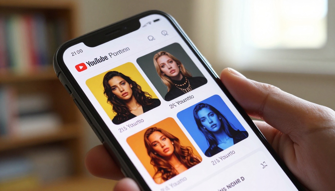 Smartphone displaying a YouTube channel page with AI-generated thumbnails rendered at crisp 2K resolution