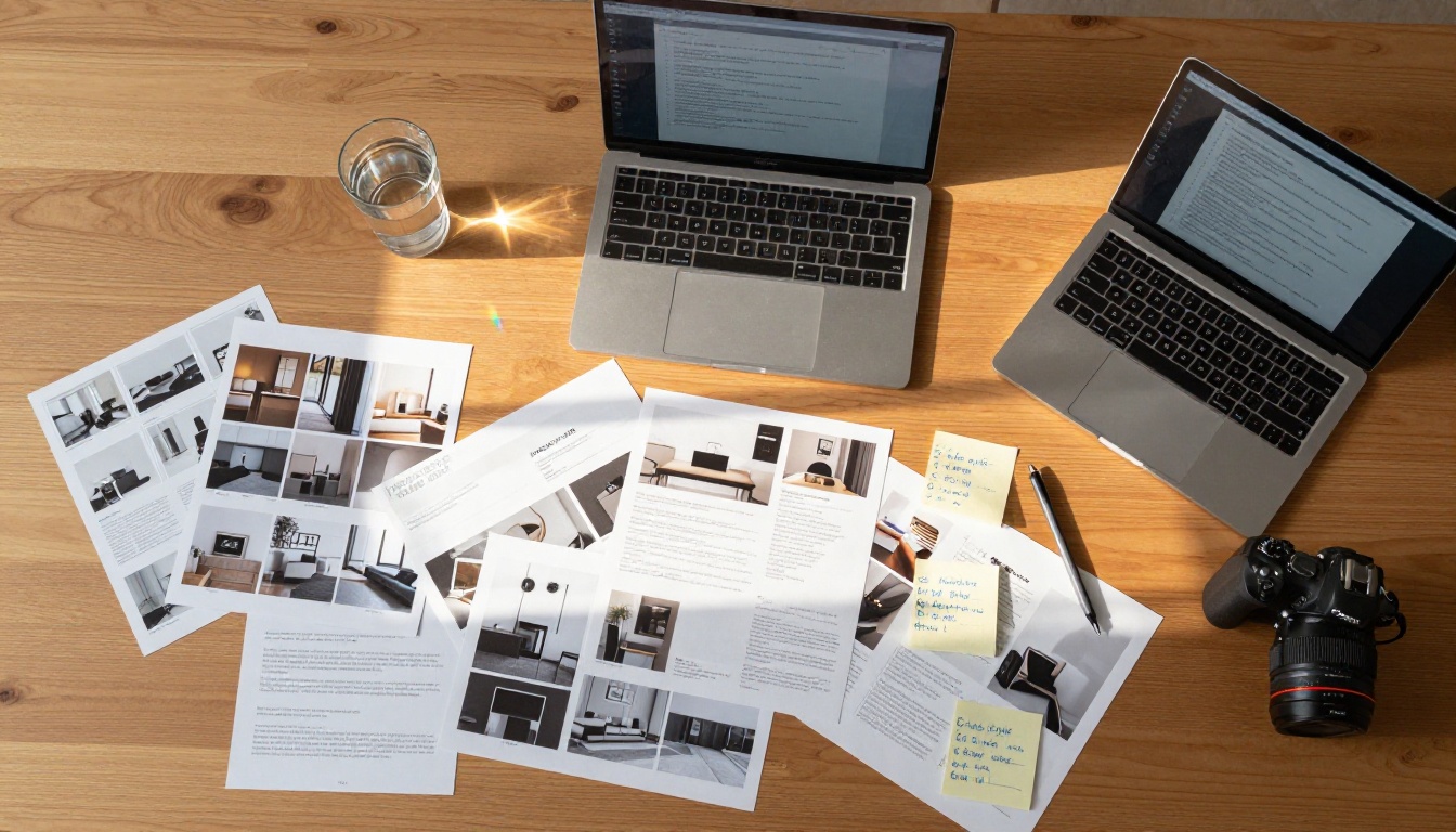 Aerial flat-lay desk workspace with printed thumbnail mockups, laptop, color chips, and design tools arranged organically