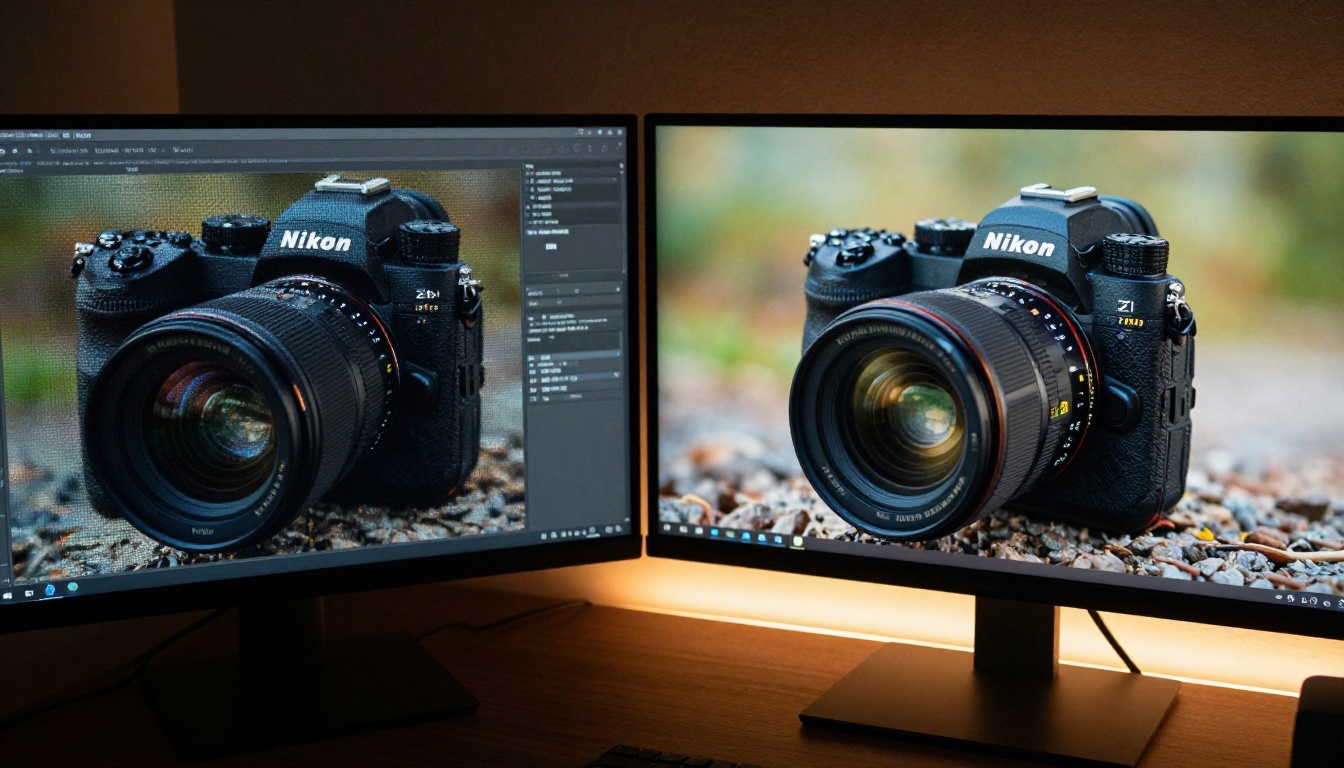 Dual-monitor comparison showing the visual difference between low-resolution and 2K thumbnail output quality