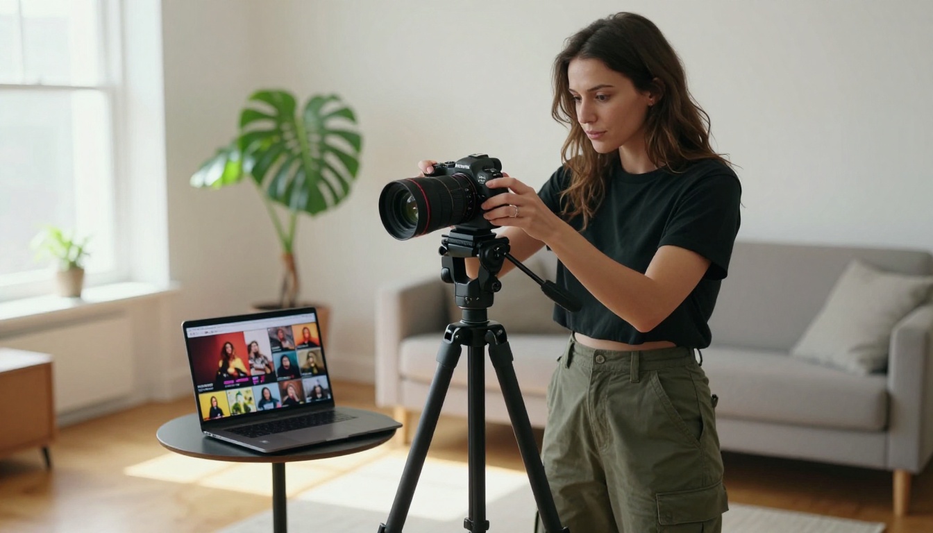Content creator woman adjusting a camera on a tripod with a laptop open nearby showing a grid of AI-generated thumbnails