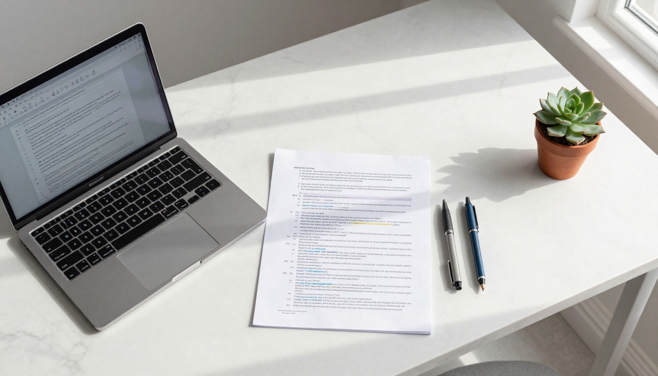 Aerial overhead view of organized workspace with laptop, printed reports, highlighted annotations, and morning window light Aerial overhead view of organized workspace with laptop, printed reports, highlighted annotations, and morning window light