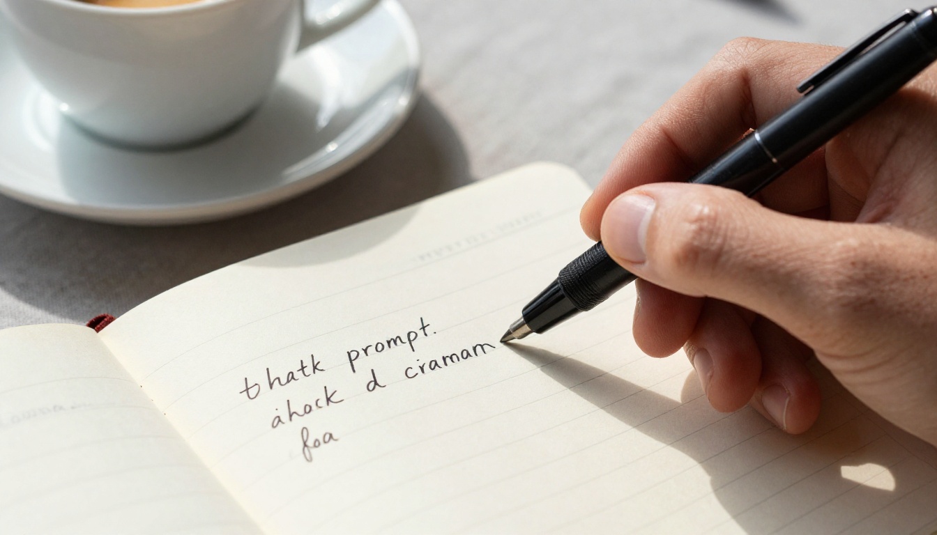 Close-up of a hand writing thumbnail prompt keywords in a Moleskine notebook with an espresso cup in the background
