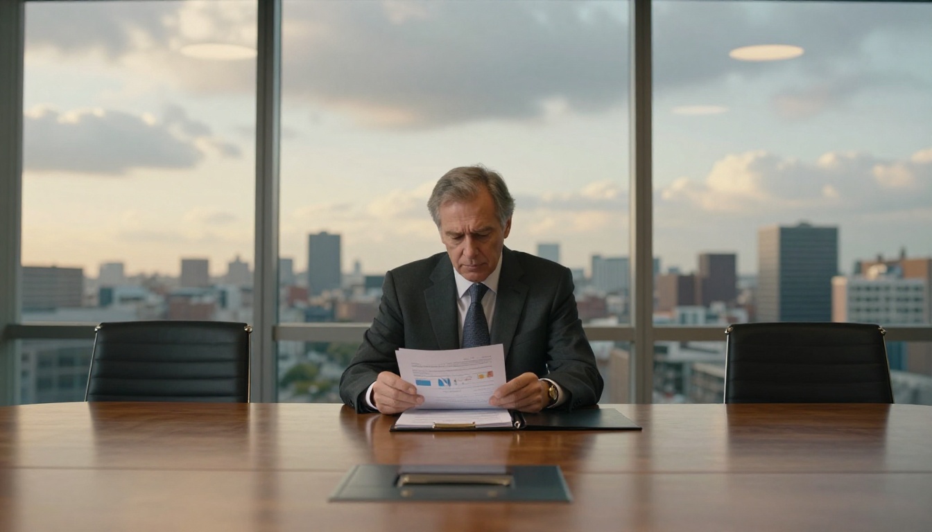 Senior executive in charcoal suit reviewing bound professional report at walnut conference table, city skyline at golden hour Senior executive in charcoal suit reviewing bound professional report at walnut conference table, city skyline at golden hour