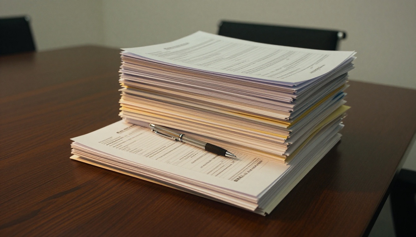 Low-angle shot of towering stack of professional business reports and binders on dark oak conference table Low-angle shot of towering stack of professional business reports and binders on dark oak conference table