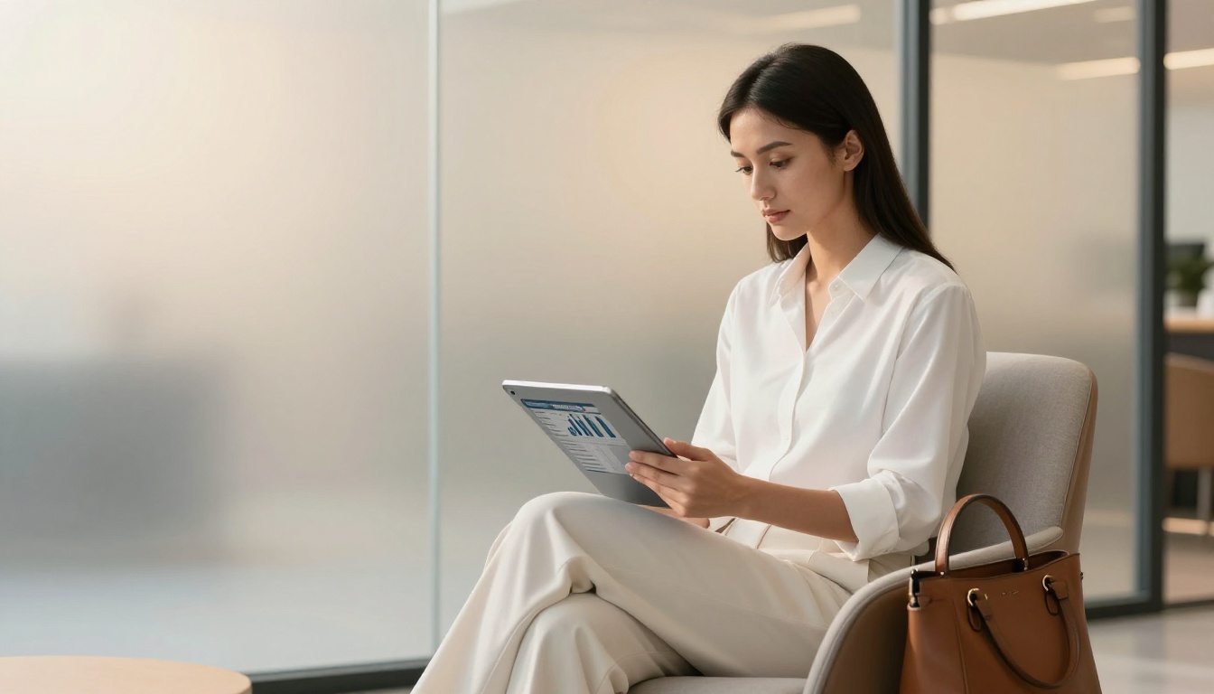 Professional woman in white blouse reading quarterly report on tablet in minimalist office lobby, frosted glass walls and morning light Professional woman in white blouse reading quarterly report on tablet in minimalist office lobby, frosted glass walls and morning light