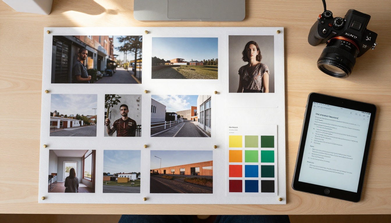 Overhead view of a designer's mood board with printed reference images, color swatches, and a tablet displaying a text prompt