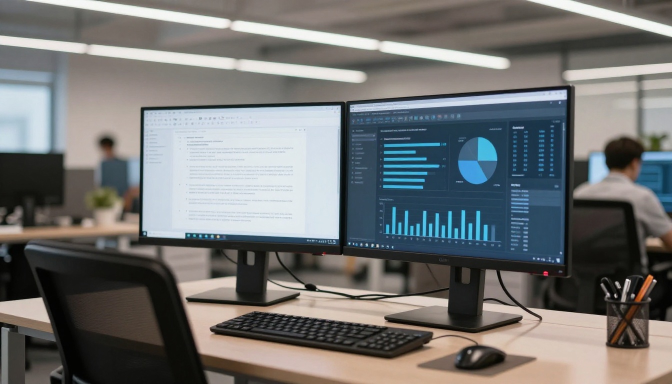 Dual monitor workstation showing structured text document and data dashboard charts in contemporary open-plan office