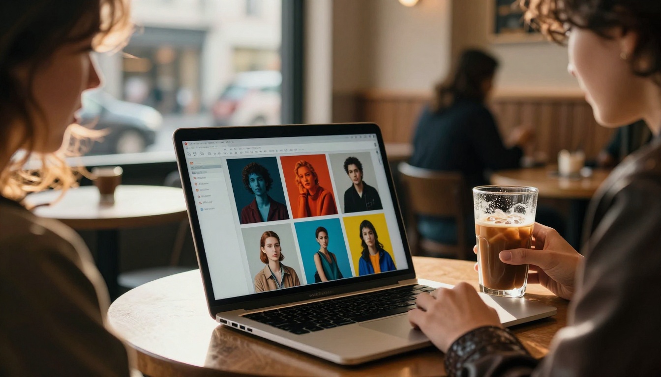 Person working in a coffee shop with a laptop displaying a 3x3 grid of AI-generated channel art in various bold styles