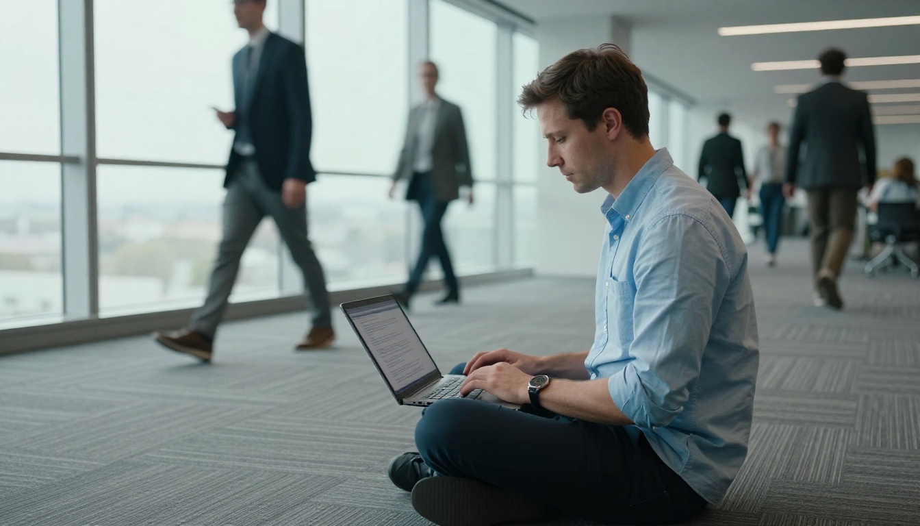 Professional man with laptop sitting in glass-walled office hallway alcove, reviewing dense text document, natural overcast daylight