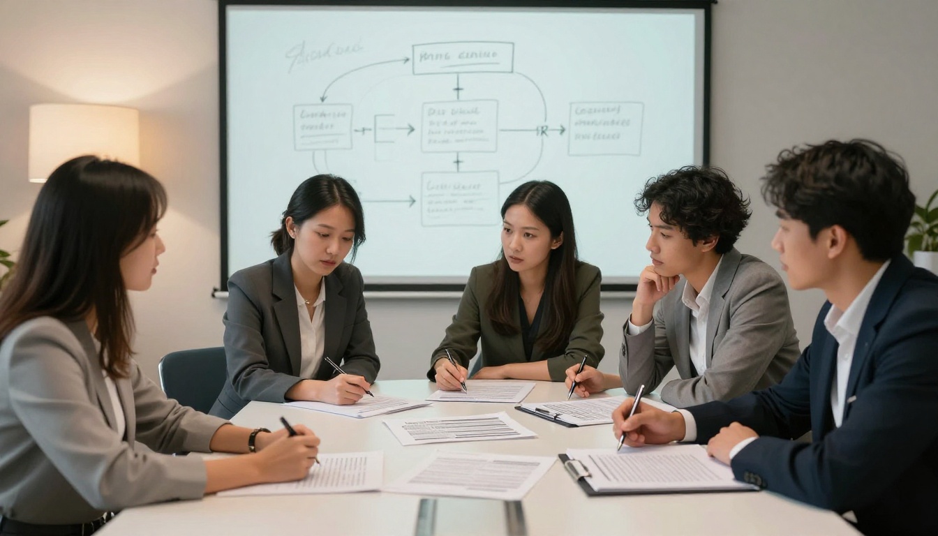 Diverse business team of four professionals at round meeting table reviewing printed reports, one woman pointing to paragraph with pen