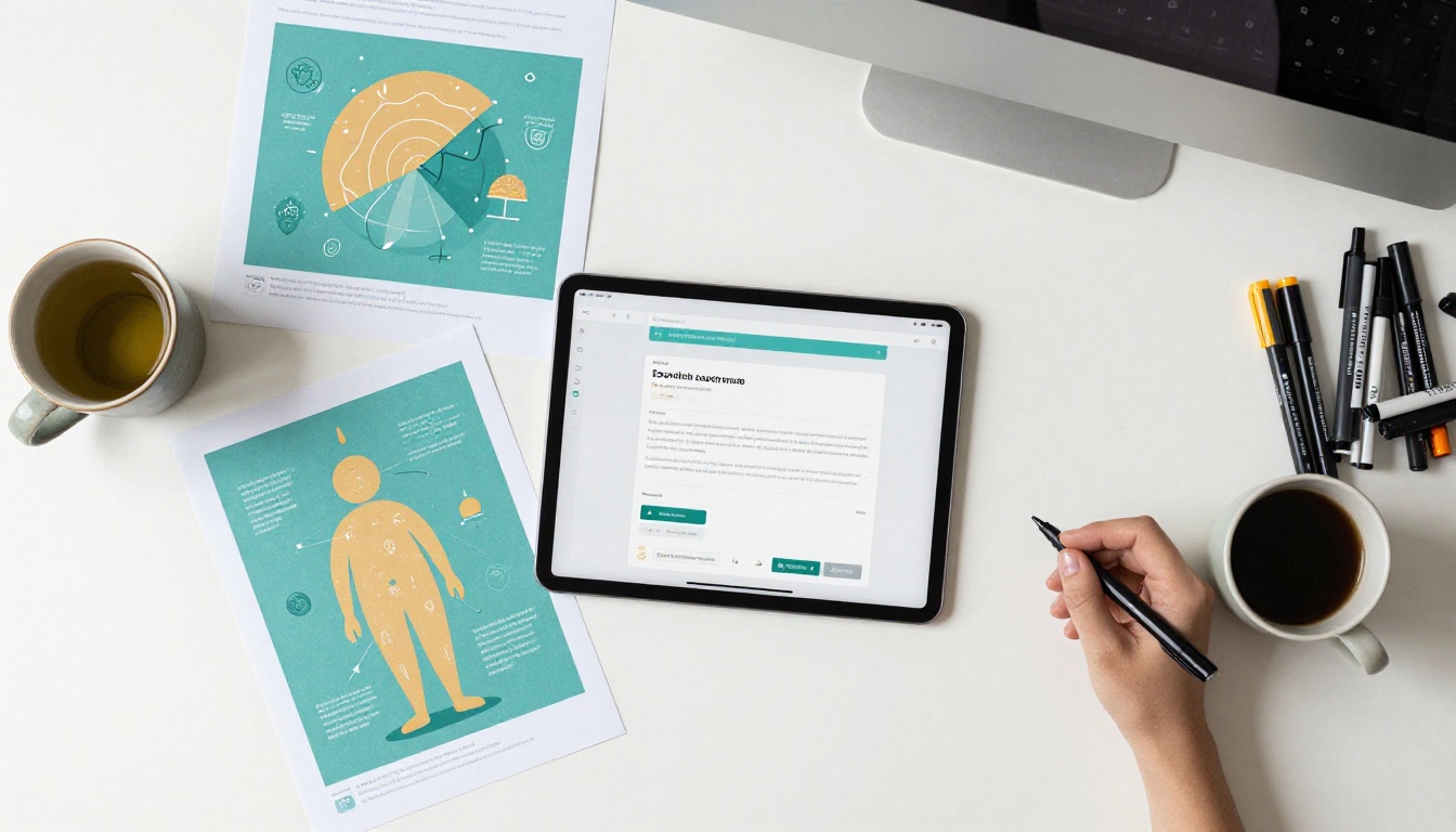 Aerial flat-lay of creative studio desk with printed infographic sheets and design tools