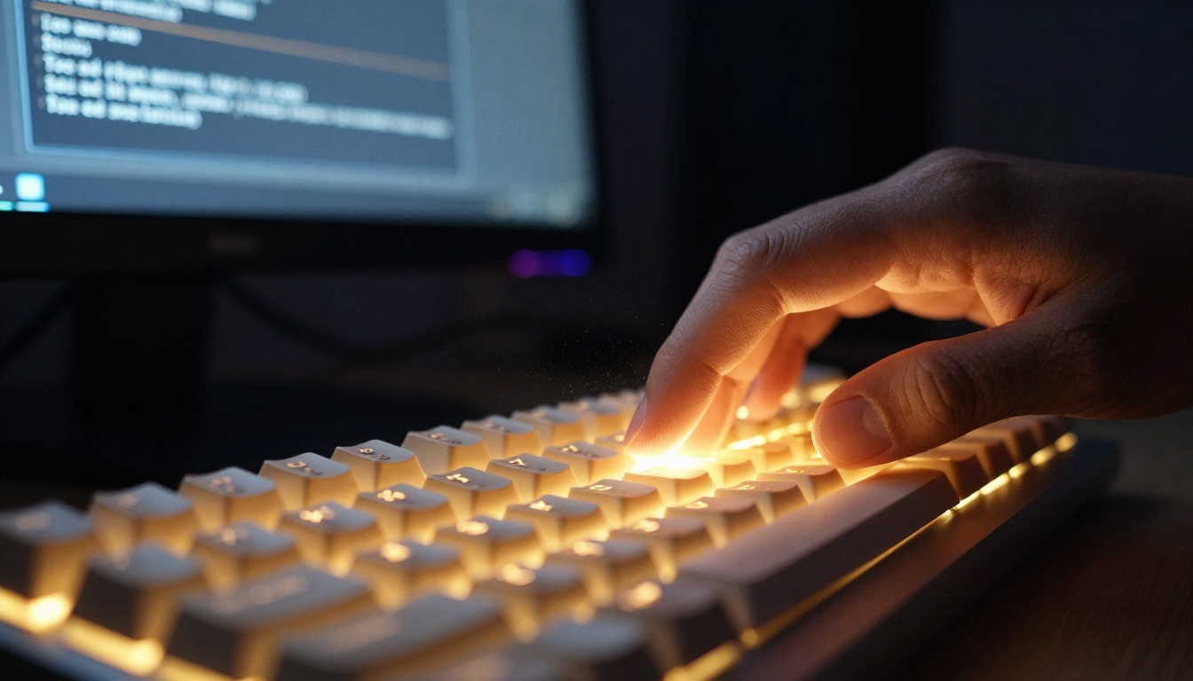 Close-up of hands hovering over a backlit mechanical keyboard with an AI prompt interface glowing on a dark monitor in the background